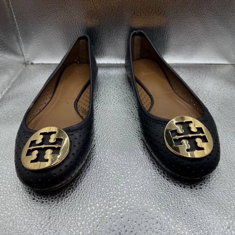 Sz 8 - Tory Burch Reva‎ Perforated Womens Black Goldtone Logo Leather Flats